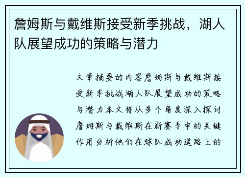 詹姆斯与戴维斯接受新季挑战，湖人队展望成功的策略与潜力